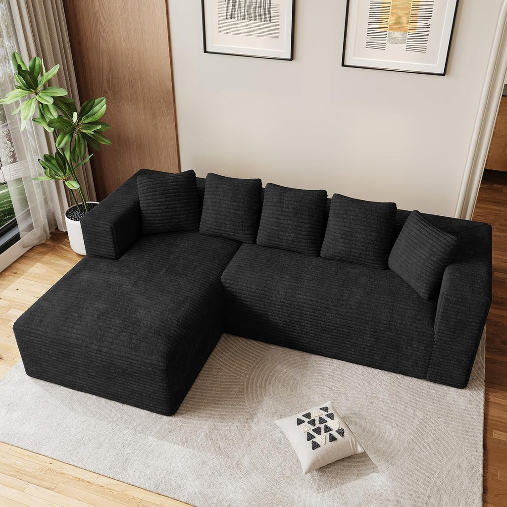 Oversized L Shaped Boneless Sectional Couches for Living Room, 107' Comfy Fluffy Cloud Modular Sectional Sofa, Plush Corduroy Memory Foam Floor Sofa with Left Facing Chaise Couch