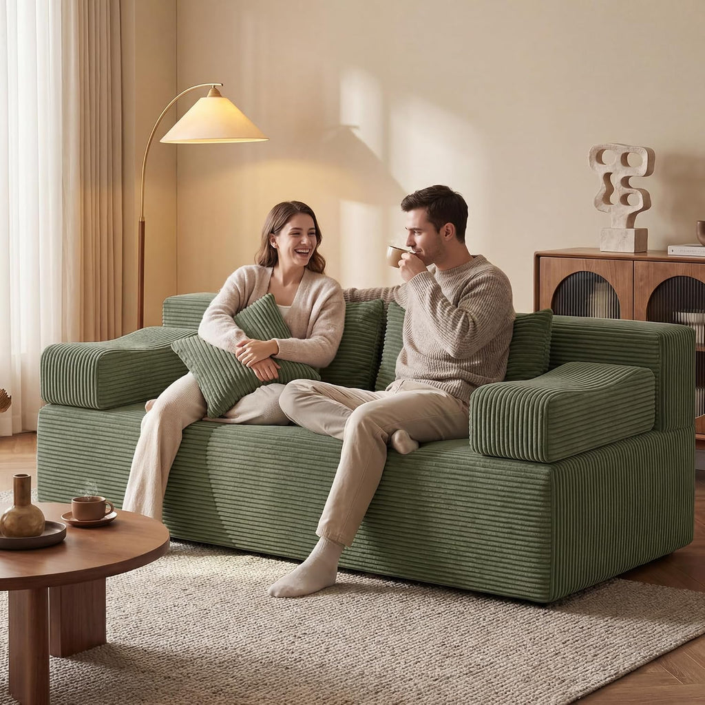 MONVANE 70' Loveseat Sofa with Removable Armrests, Comfy Corduroy Cloud Couch with 4 Pillows, Modern Deep Seat Boneless Couch, 2 Seater Sofa for Living Room, No Assembly Required, Green
