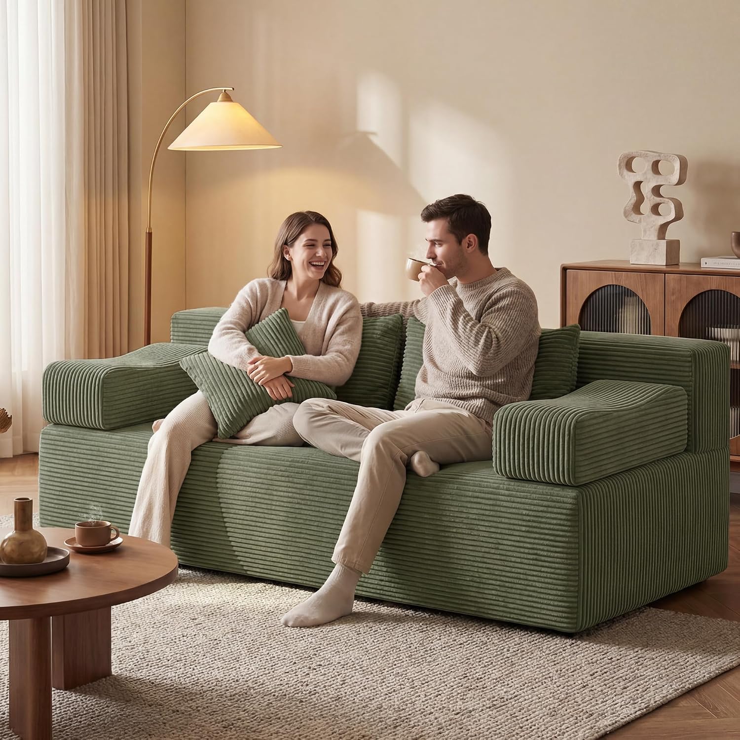 MONVANE 70' Loveseat Sofa with Removable Armrests, Comfy Corduroy Cloud Couch with 4 Pillows, Modern Deep Seat Boneless Couch, 2 Seater Sofa for Living Room, No Assembly Required, Green