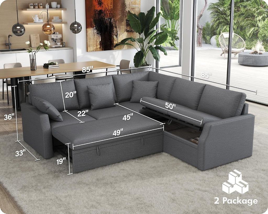 AMERLIFE Sofa Bed, 85 Inch Reversible L Shape Couch with Pull Out Bed & Storage Seat, Oversized Sectional Sleeper Bed for Living Room Apartment, Grey Linen Sleeper Sofa Couch