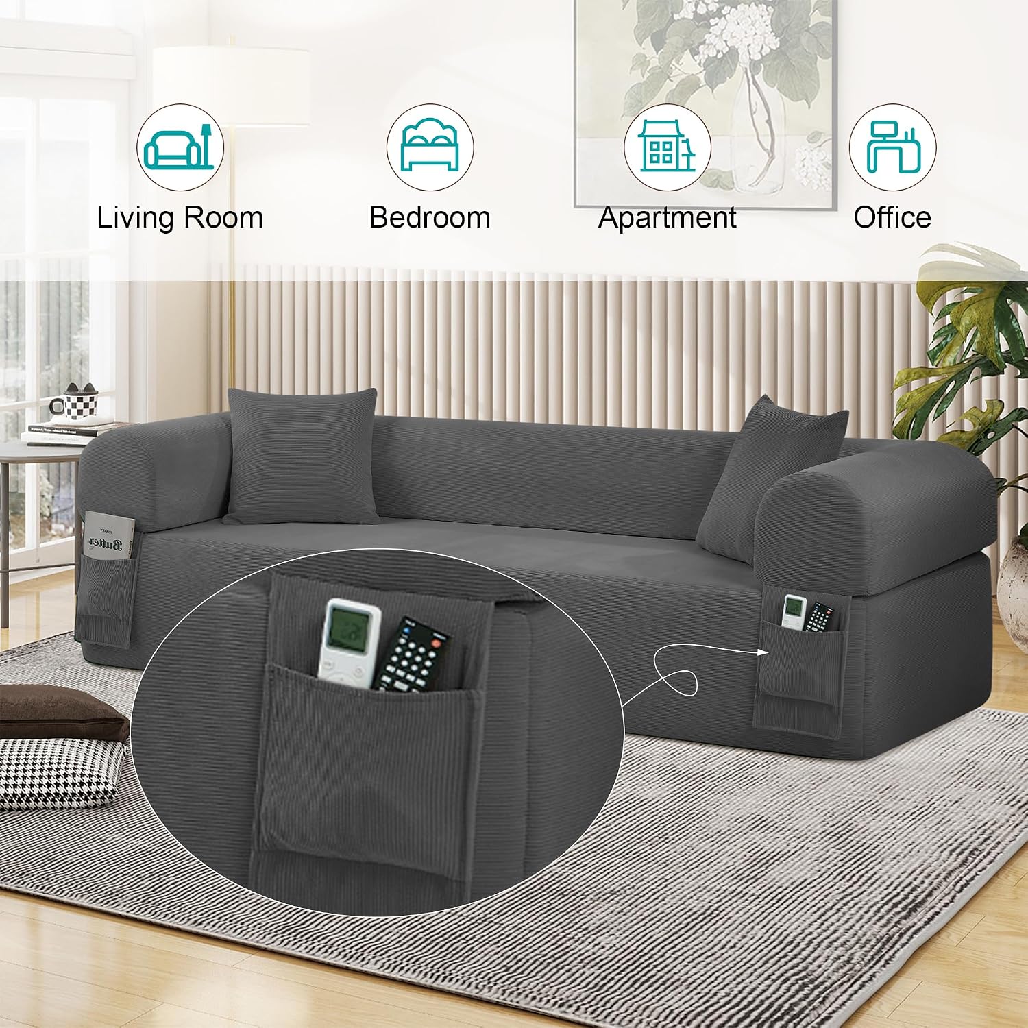83'' Boneless Sofa in A Box, 3-Seater Floor Sofa No Assembly Corduroy Couch for Living Room, Cloud Couch with 2 Pillows & Storage Bag, Memory Foam Small Floor Couches for Office, Dark Gray