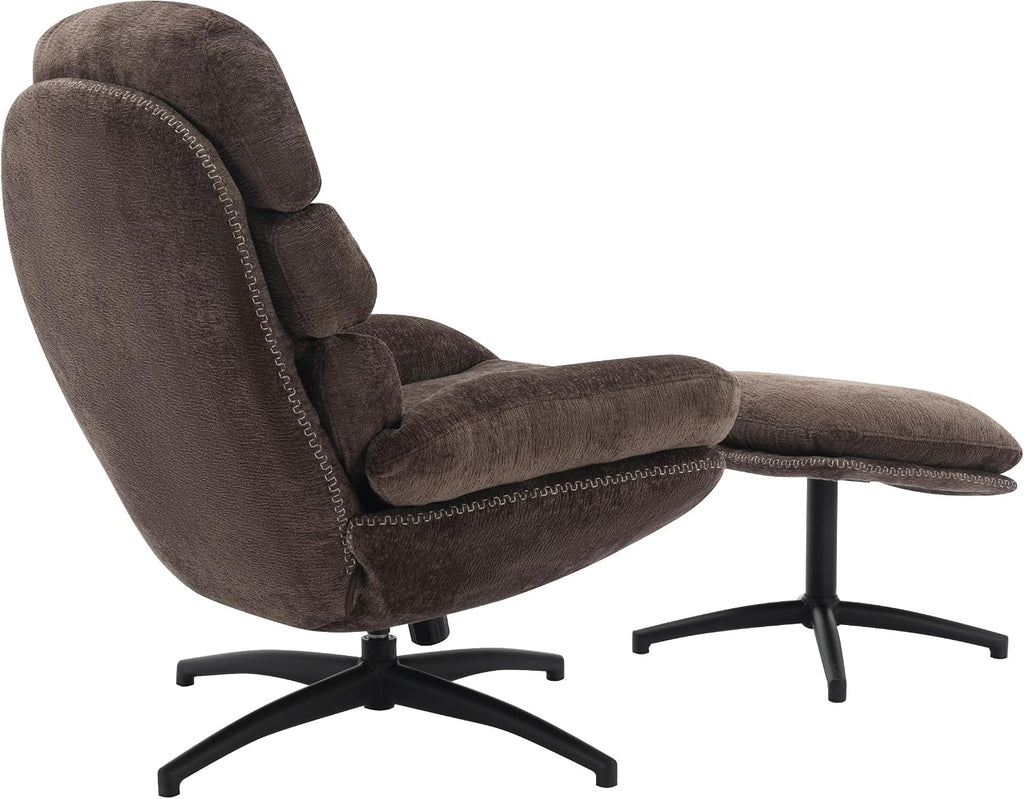 OSP Home Furnishings Kerry Modern Plush Swivel and Rocking Lounge Chair and Foot Rest with Black Base, Brown Fabric