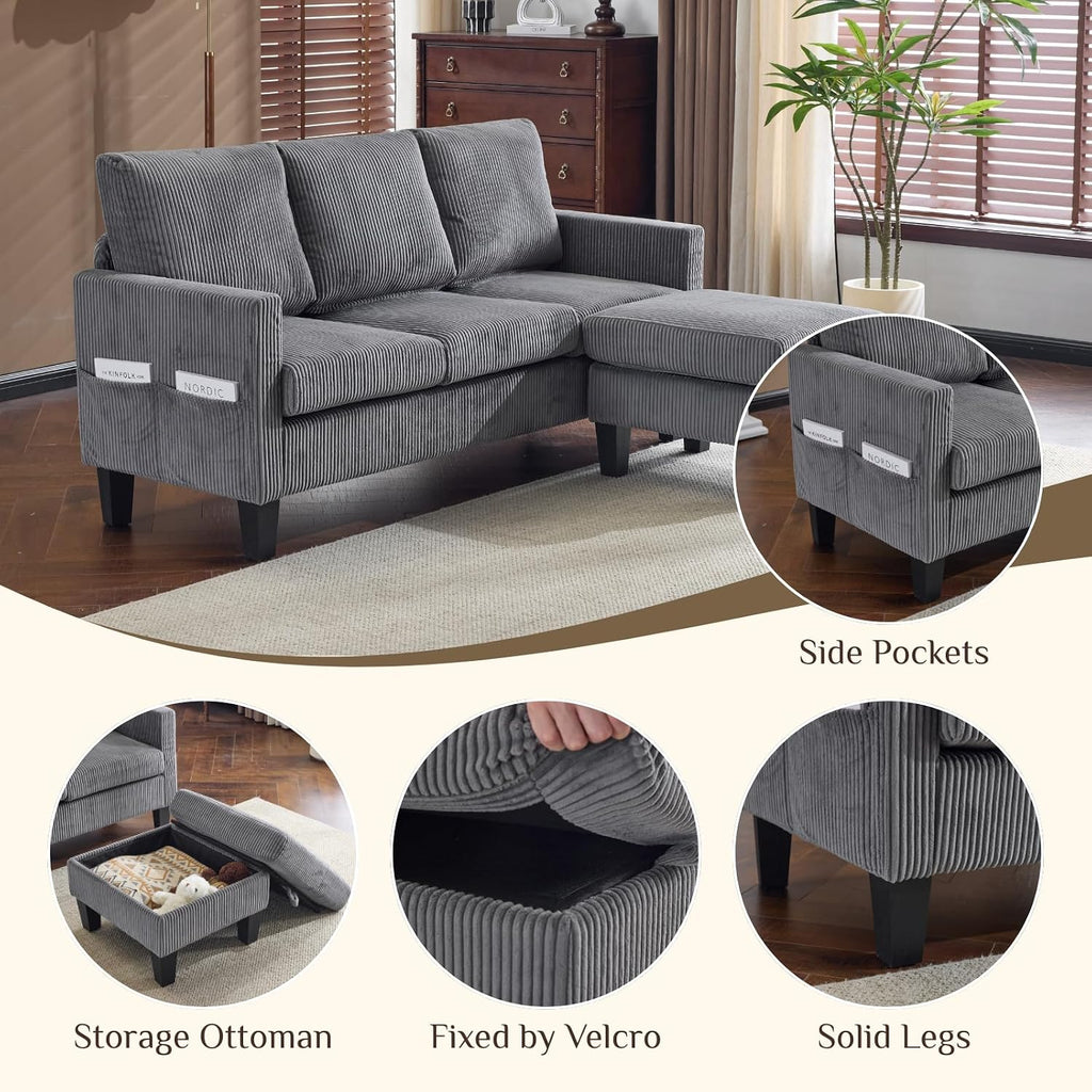 Karl home Small Sectional Couch L Shaped Sofa with Movable Storage Ottoman Corduroy Upholostered Sofa Chaise with Side Pockets for Living Room, Apartment, Studio, Gray