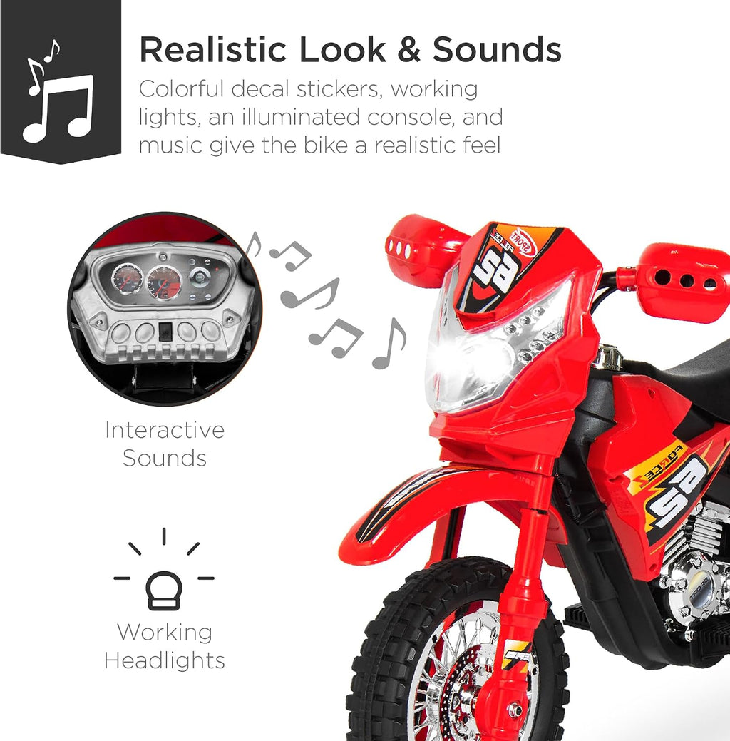 Best Choice Products Kids 6V Ride On Motorcycle w/Treaded Tires, Working Headlights, 2mph Top Speed, Training Wheels, Realistic Sounds, Music, Battery Charger - Red