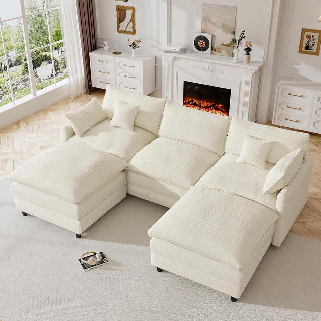 HYJT-H&K 108' U Shaped Cloud Couch Modular White Sectional Couches for Living Room, Comfy Fluffy Corduroy Oversized Cloud Sectional Couch Large 5 Seat Sectionals Sofa Set, White