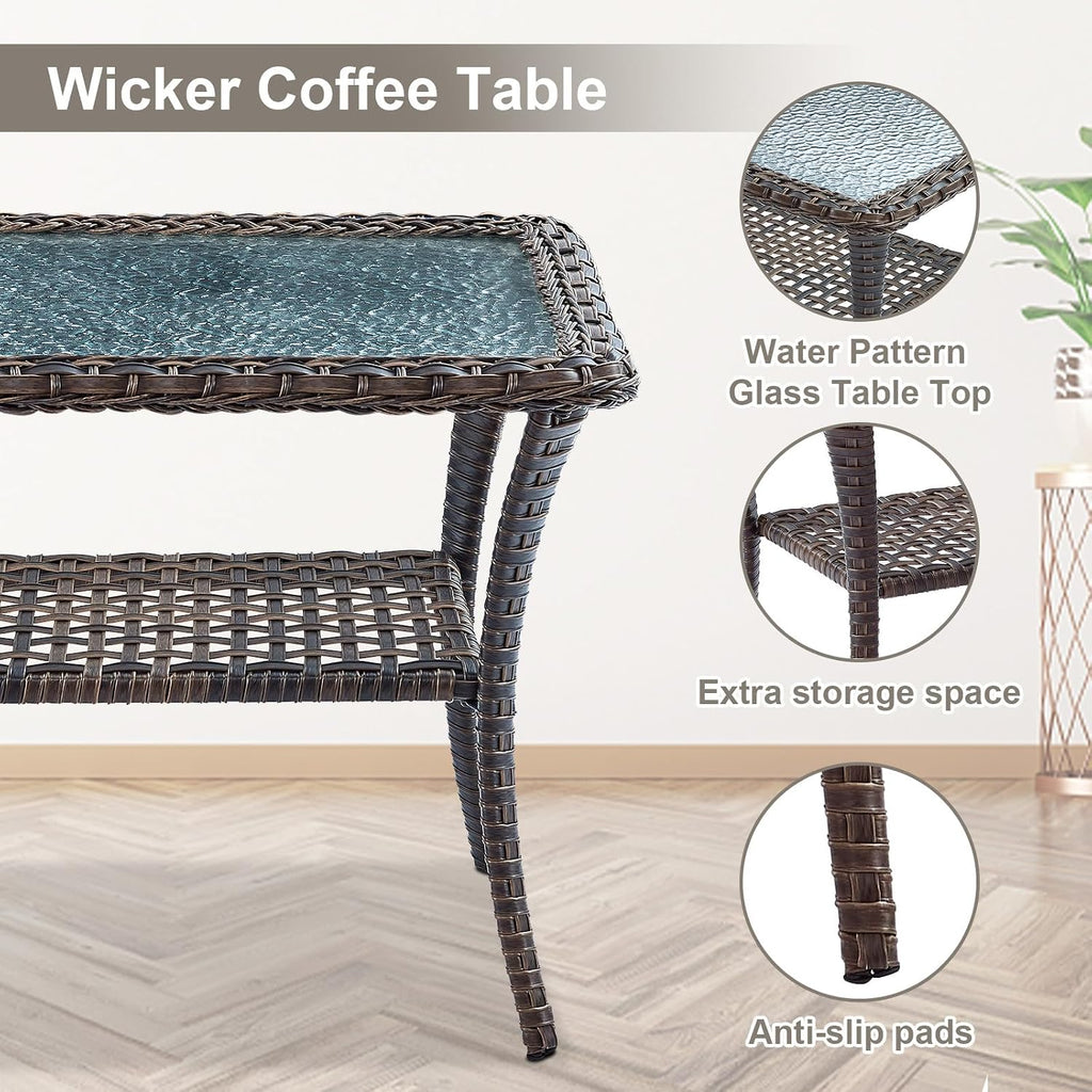 Belord Wicker Outdoor Furniture Set - 7 Piece Patio Conversation Sets with Comfort Swivel Rocker Glider Patio Chairs Set of 2 and Rattan Sofa, Tempered Glass Coffee Table and Side Table,Brown/Beige