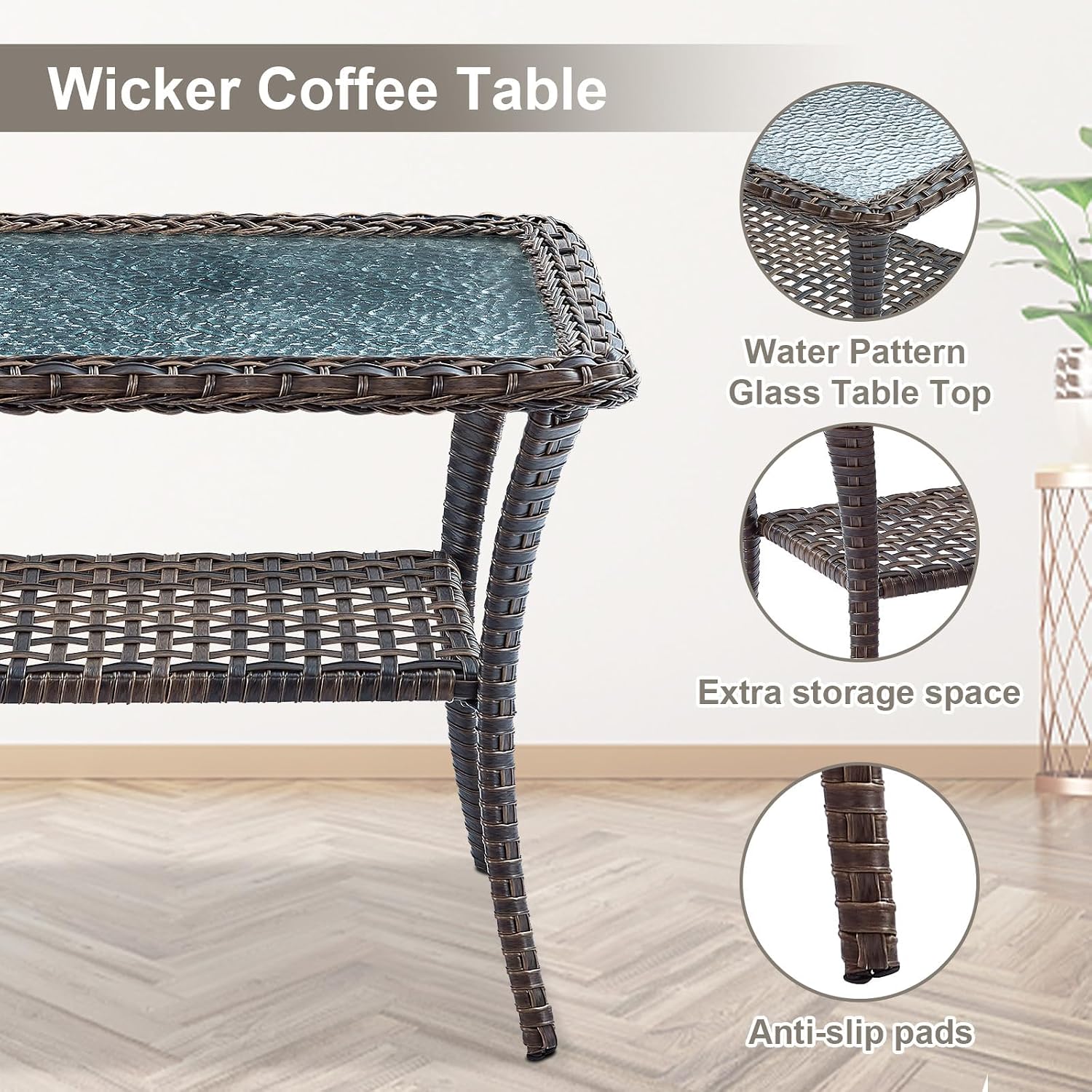Belord Wicker Outdoor Furniture Set - 7 Piece Patio Conversation Sets with Comfort Swivel Rocker Glider Patio Chairs Set of 2 and Rattan Sofa, Tempered Glass Coffee Table and Side Table,Brown/Beige