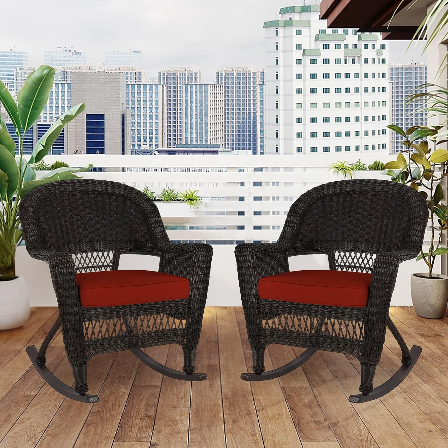 Jeco Rocker Wicker Chair with Red Cushion, Set of 2, Espresso