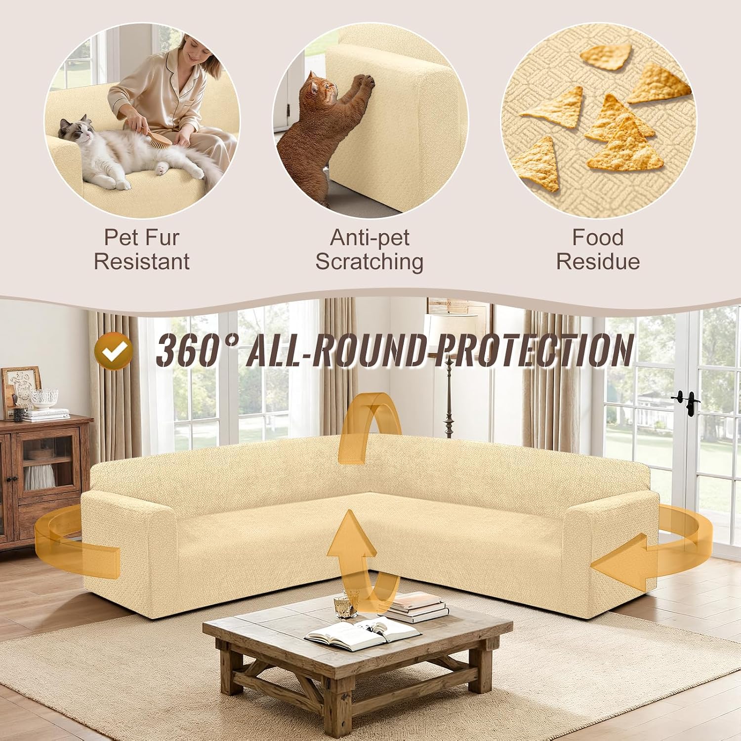 HDCAXKJ Sectional Couch Cover L Shape Stretch Sofa Covers Washable Jacquard Corner Couch Slipcover Non Slip Sectional Slip Cover U Shaped Furniture Protector for Pets Dogs (Beige, X-Large)