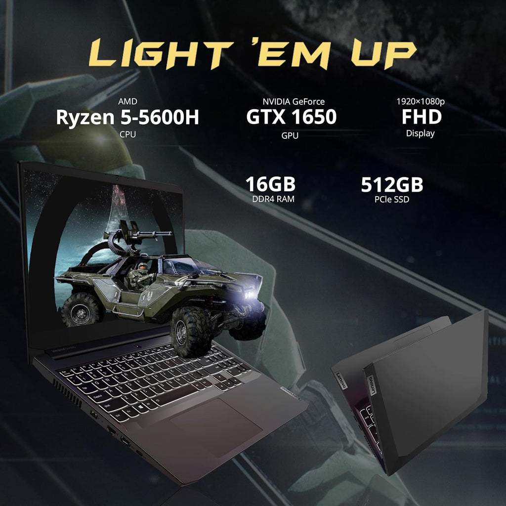 Lenovo IdeaPad Gaming 3 15.6' FHD 120Hz Laptop, AMD Ryzen 5 5600H, NVIDIA GeForce GTX 1650 4GB DDR6, 16GB RAM, 512GB SSD, Backlit Keyboard, Black, Win 11 Pro, 32GB Hotface USB Card (Renewed)
