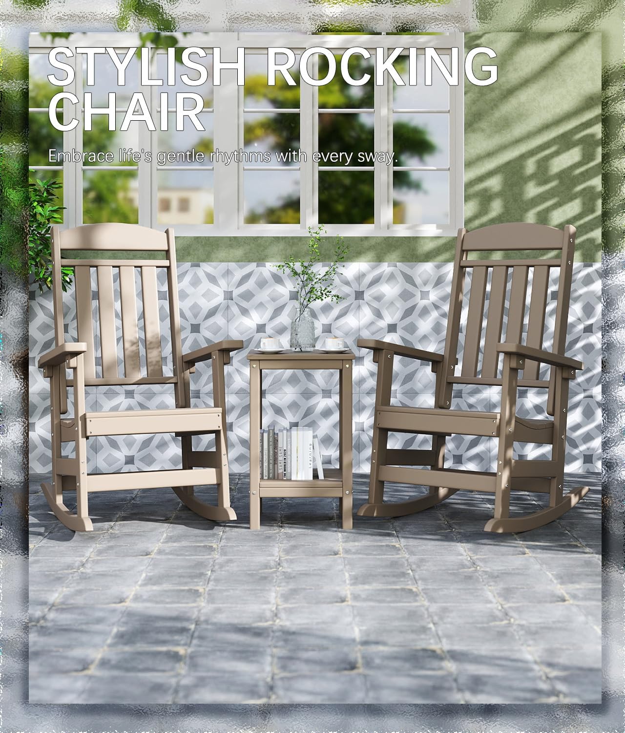 FOOWIN Outdoor Rocking Chair Set of 2, High Back Patio Rocking Chair, HDPE All Weather Resistant Porch Rocker for Adult, Oversized Rocking Chairs for Garden, Lawn, Indoor & Outdoor Use, Brown