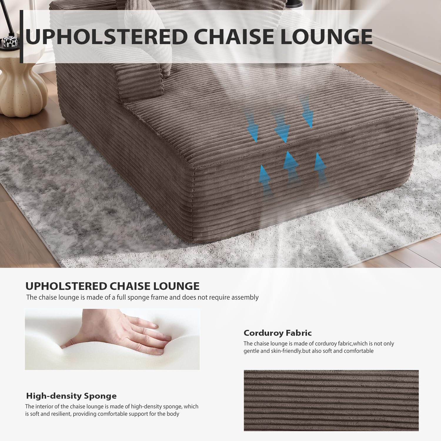 ivoros 50 Inch Chaise Lounge Chair Indoor, Oversized Corduroy Upholstered Boneless Sofa Bed, Deep Seat Sleeper Couch Reading Chairs, Cloud Sofas Couches for Living Room, No Assembly Required (Camel)