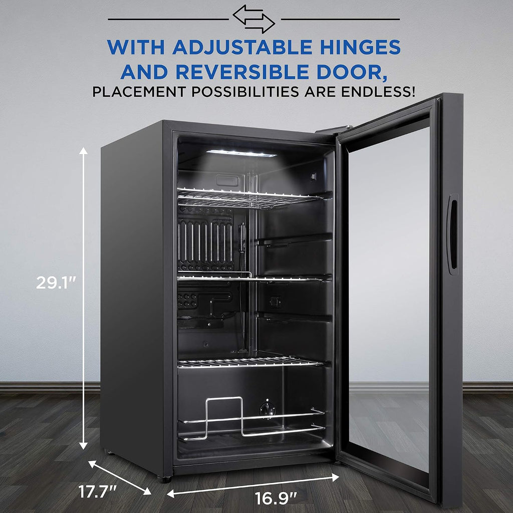 Ivation 101 Can Beverage Refrigerator , Freestanding Ultra Cool Mini Drink Fridge , Beer, Cocktails, Soda, Juice Cooler for Home and Office , Reversible Glass Door and Adjustable Shelving - Black,IVABC1010B