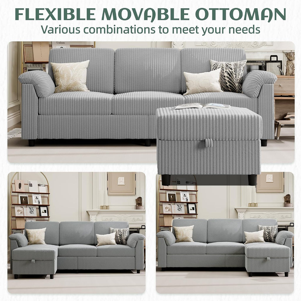 Vongrasig 79' Convertible Sectional Couch Sofa with Storage Ottoman, 3 Seat L Shaped Couch with Side Storage Pockage, Small Couches for Living Room, Apartment and Small Space (Light Grey)