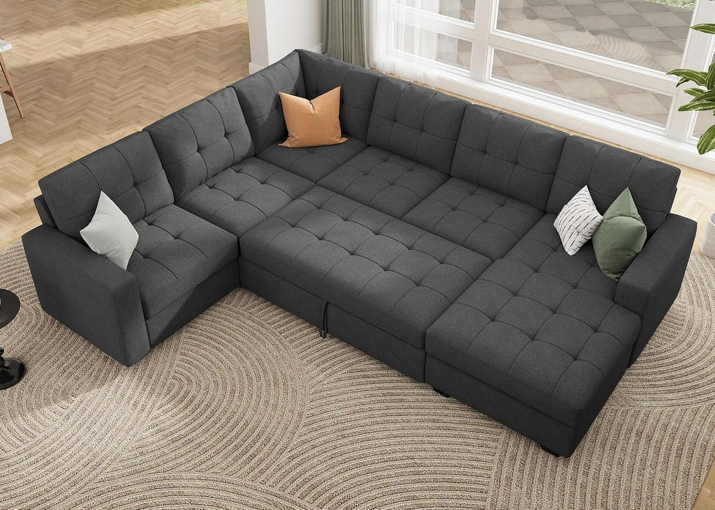 HONBAY Sectional Sleeper Sofa Pull Out Bed with Storage Chaise, Sleeper Sectional Sofa Couch, Sectional Sleeper Bed for Living Room, Dark Grey