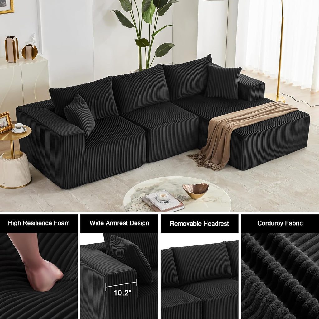 Weture 108' Modular Sectional Sofa, Cloud Sectional Couch with Deep Seat, Upholstered Boneless Couches for Living Room Bedroom, Modern Modular L-Shape Sofa with Chaise (Black, Corduroy)