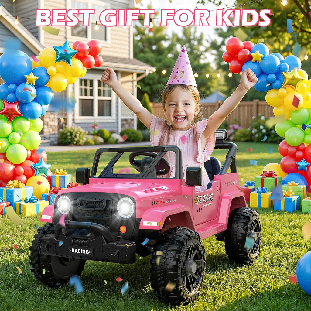 ARBELI 12V Ride On Truck Car with Remote Control, Kids Electric Vehicles with Bluetooth Music, Horn, 3 Speeds, 4 LED Lights, Soft Start, Ride on Toys for Toddler Boys & Girls, Pink