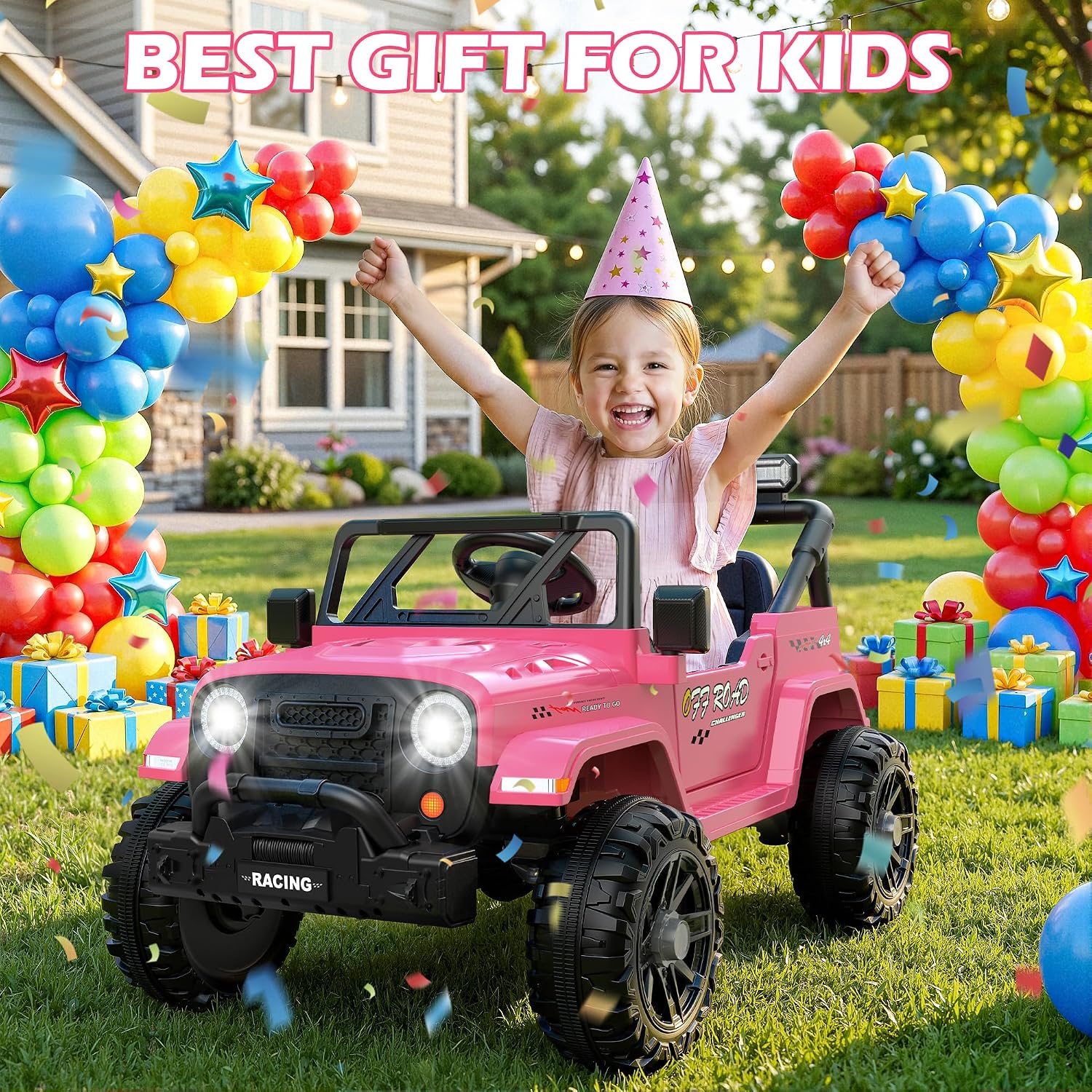 ARBELI 12V Ride On Truck Car with Remote Control, Kids Electric Vehicles with Bluetooth Music, Horn, 3 Speeds, 4 LED Lights, Soft Start, Ride on Toys for Toddler Boys & Girls, Pink