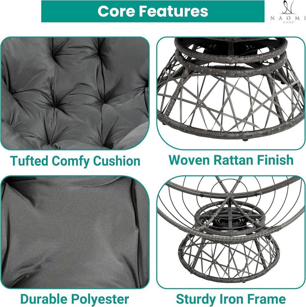 Naomi Home 40' Papasan Chair Indoor with Cushion and Frame – Round Wicker Papasan Chair with Thick Tufted Cushion, Sturdy Metal Base, Large Reading Chair for Bedroom & Living Room, Dark Gray