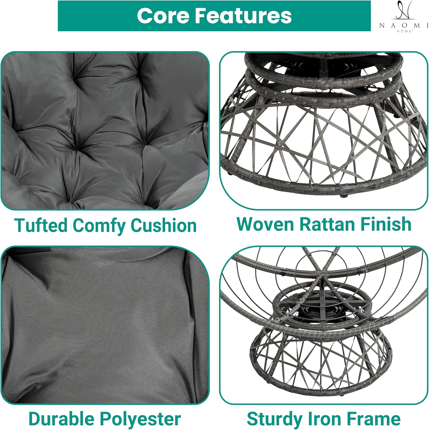 Naomi Home 40' Papasan Chair Indoor with Cushion and Frame – Round Wicker Papasan Chair with Thick Tufted Cushion, Sturdy Metal Base, Large Reading Chair for Bedroom & Living Room, Dark Gray