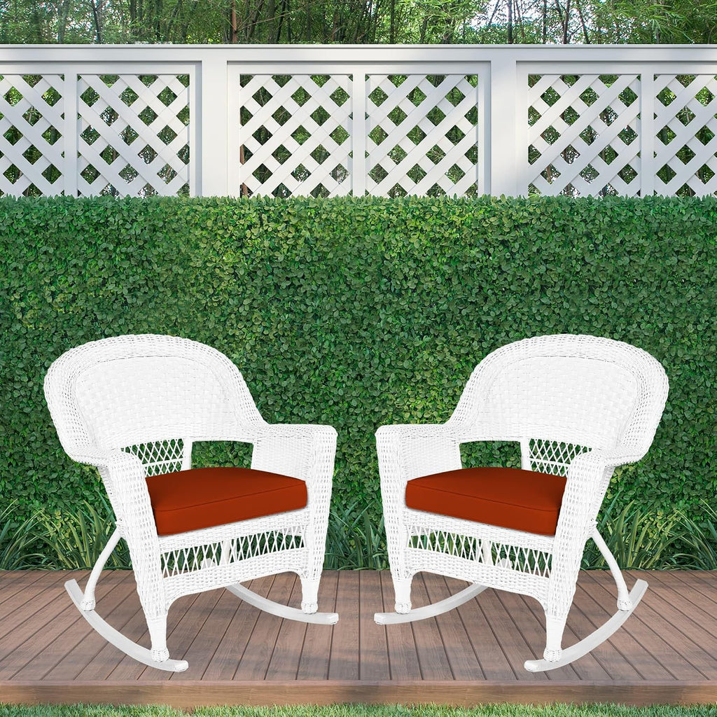 Jeco Rocker Wicker Chair with Red Cushion, Set of 2, White