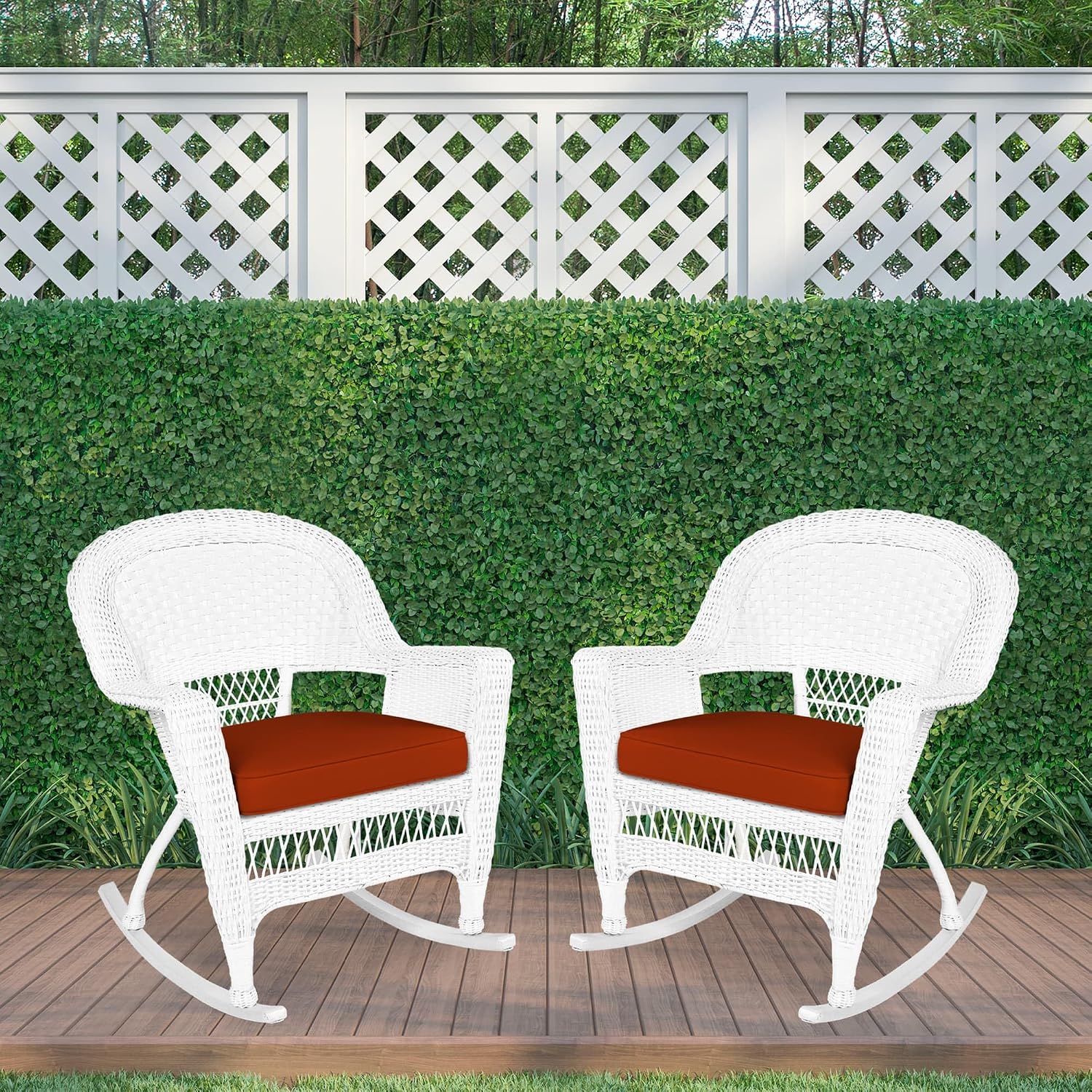 Jeco Rocker Wicker Chair with Red Cushion, Set of 2, White