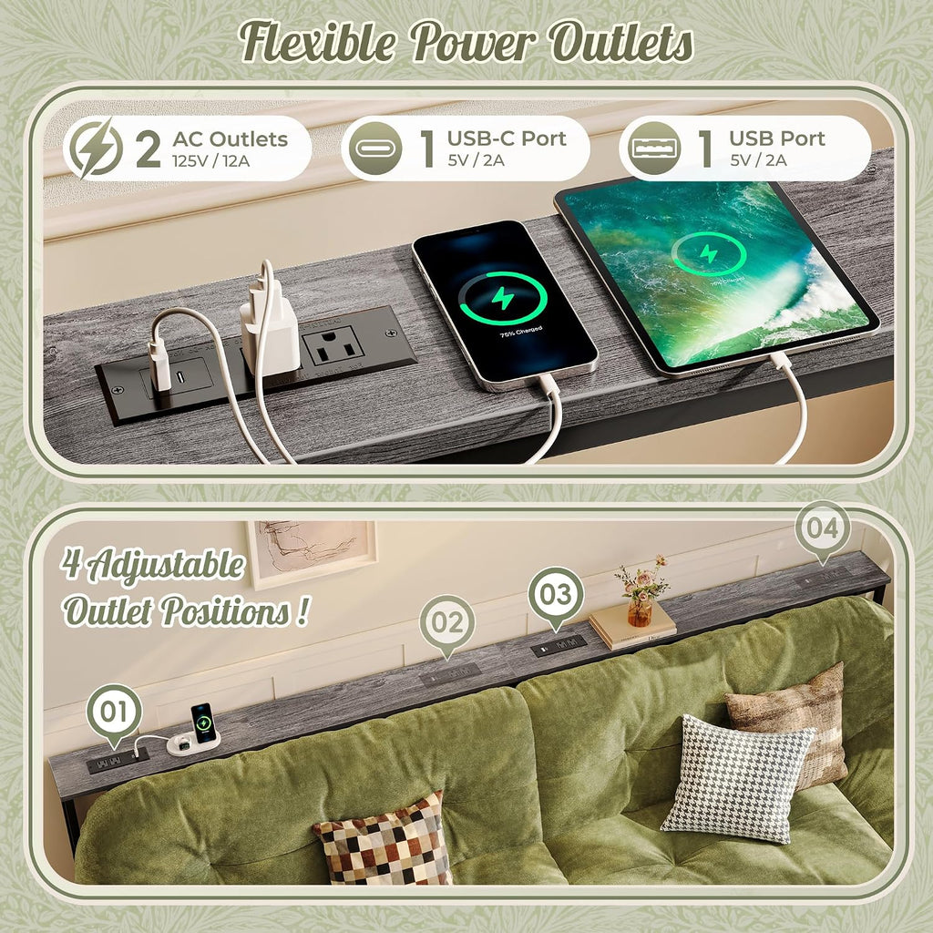 Huuger 110.2 Inch Sofa Table with Power Outlets, 23.9''-34.4'' Height Adjustable Range, Behind Couch Table with USB-C Ports, Sofa Tables Narrow Long, Skinny Console Table, for Small Spaces, Grey