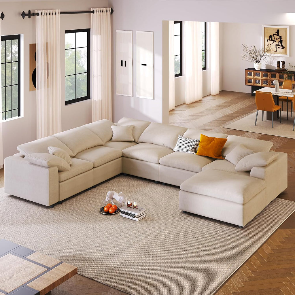 124.8' W Large Modular Sectional Sofa L Shaped Modern Couch with Ottoman, Deep Seat and Wide Chaise for Living Room, Beige