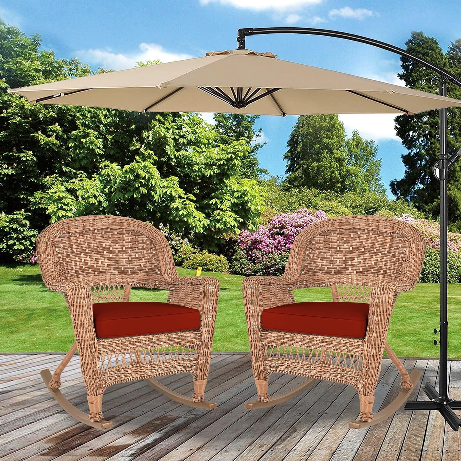 Jeco Rocker Wicker Chair with Red Cushion, Set of 2, Honey