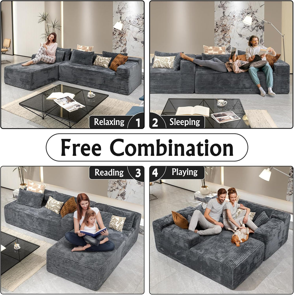 Sectional Couches for Living Room Corduroy Couch, 104' Cloud Boneless Couch with L-Shape Chaise, Modern Modular Sofa, Deep Seat Comfort, No Assembly Required(Plush Corduroy, Left Facing Chaise)