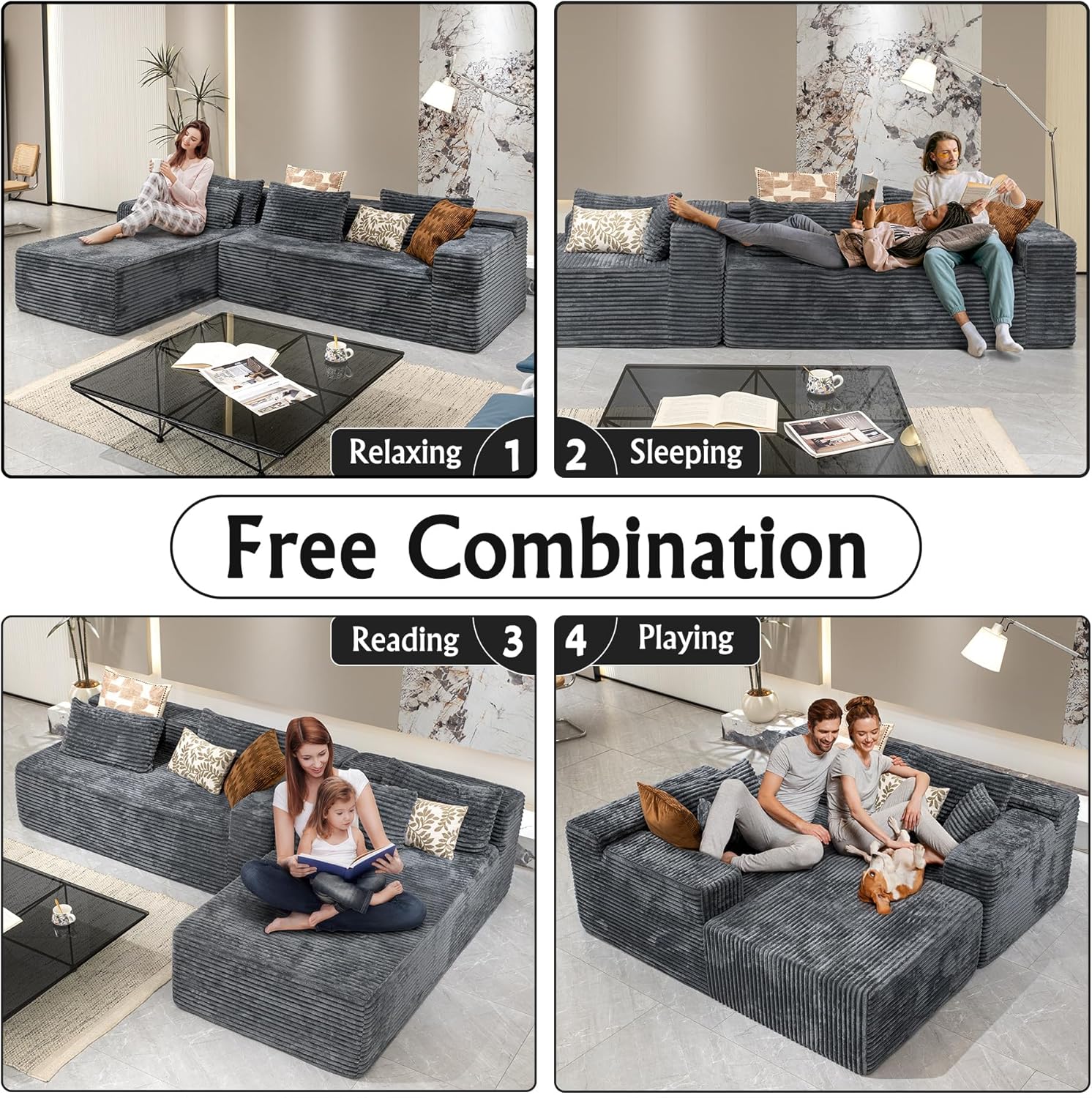 Sectional Couches for Living Room Corduroy Couch, 104' Cloud Boneless Couch with L-Shape Chaise, Modern Modular Sofa, Deep Seat Comfort, No Assembly Required(Plush Corduroy, Left Facing Chaise)
