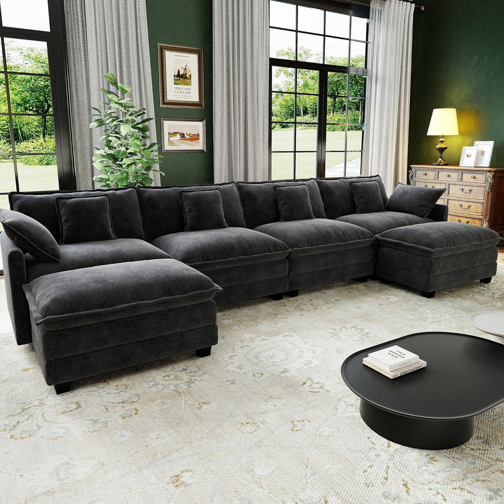 146' Cloud Couch Sectional, U Shaped Modular Sectional Sofa, 4-Seat Deep Seat Couch with 6 Removable Washable Pillows and 2 Ottoman for Living Room, Bedroom, Apartment, Black