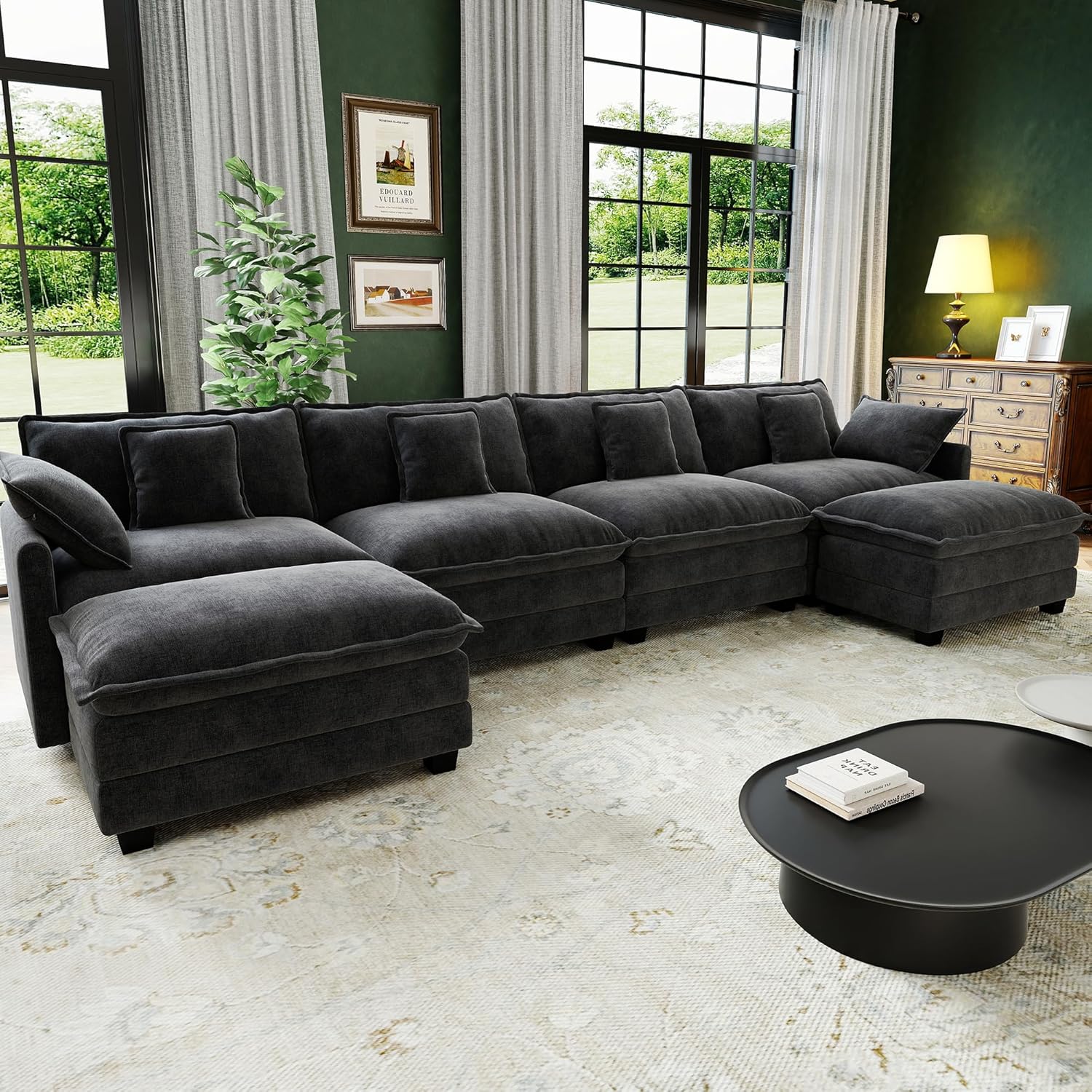 146' Cloud Couch Sectional, U Shaped Modular Sectional Sofa, 4-Seat Deep Seat Couch with 6 Removable Washable Pillows and 2 Ottoman for Living Room, Bedroom, Apartment, Black