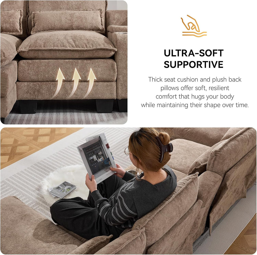 125'' U Shaped Cloud Modular Sofa with Chaise Lounges, Upholstered Comfy Sectional Couch with Storage Console, USB Charging & Cup Holders, Small Deep Seat Sofa for Living Room, Sherpa- Chenille Camel