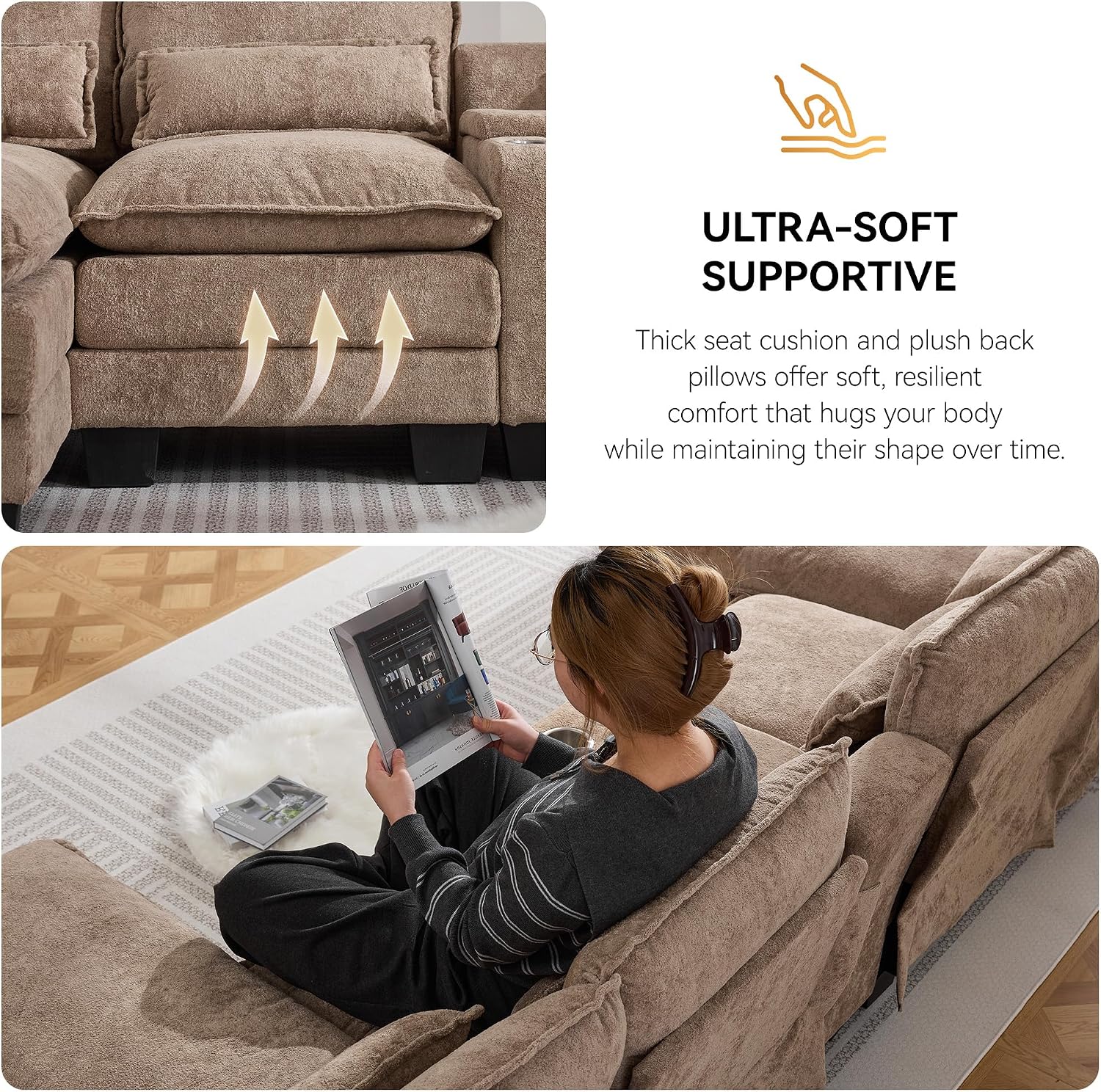 125'' U Shaped Cloud Modular Sofa with Chaise Lounges, Upholstered Comfy Sectional Couch with Storage Console, USB Charging & Cup Holders, Small Deep Seat Sofa for Living Room, Sherpa- Chenille Camel