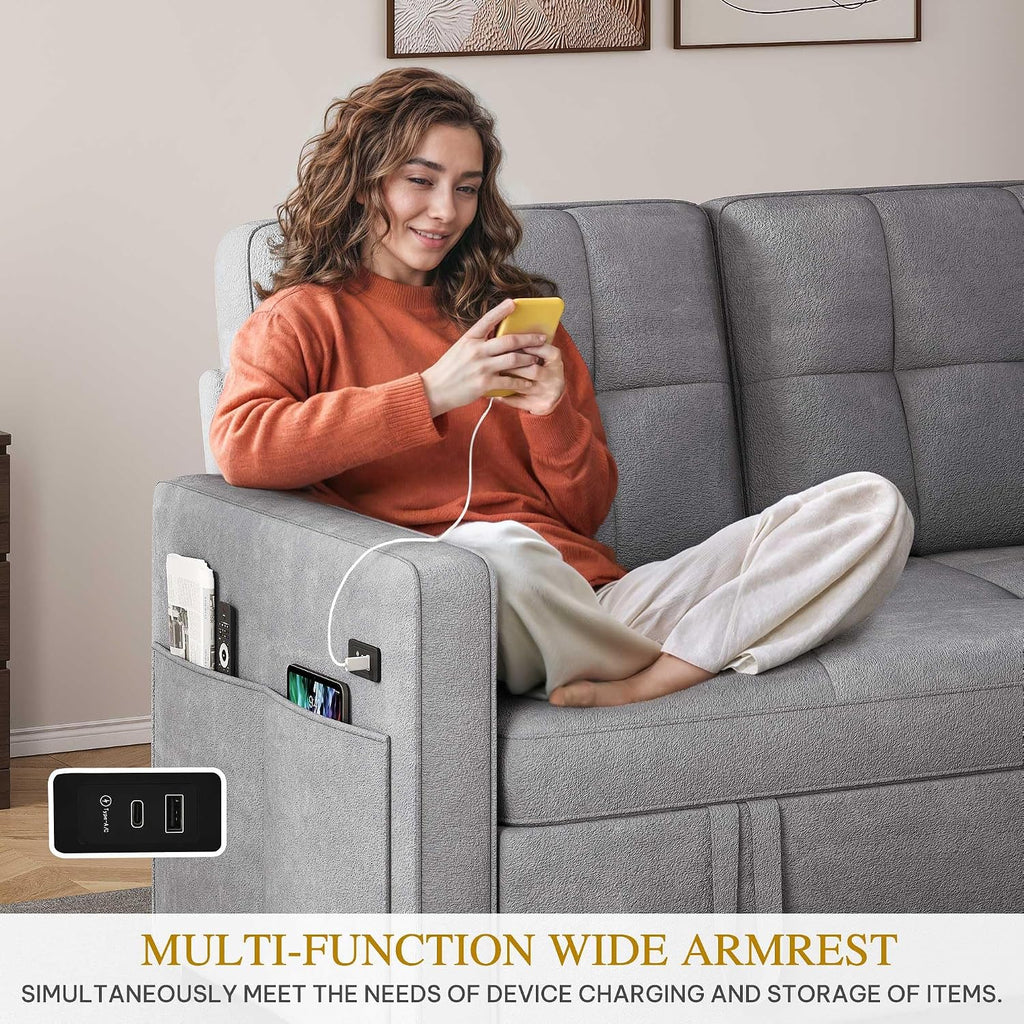 DWVO 3 in 1 Convertible Sleeper Sofa Bed, 55' Pull Out Sofa Bed with Adjustable Backrest and USB, Velvet Futon Couch with Side Pockets for Living Room, Grey