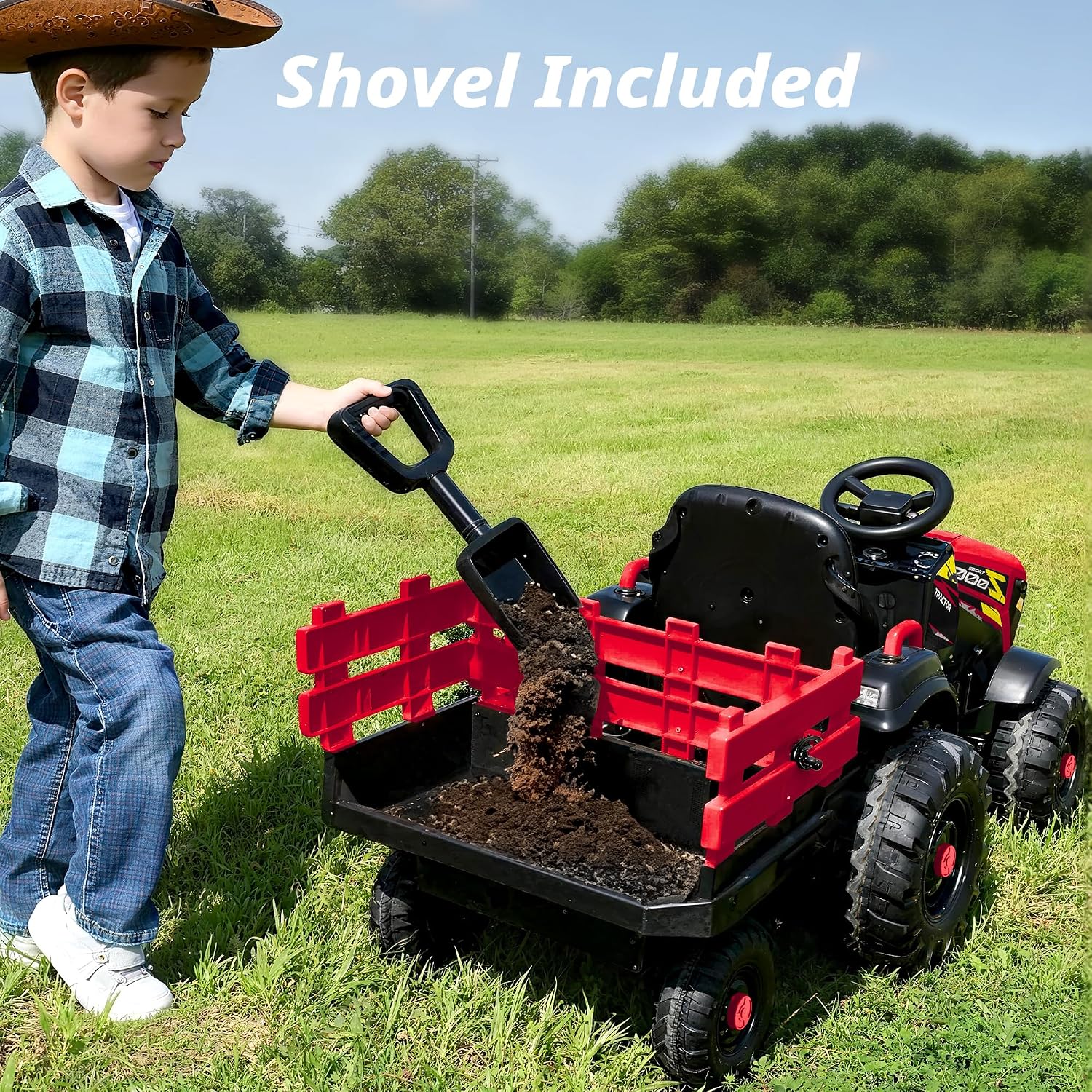 Hikiddo 24V Kids Ride on Tractor Toy, Electric Tractor for Kids 3-8 with Trailer, 2x200W Motors - Red
