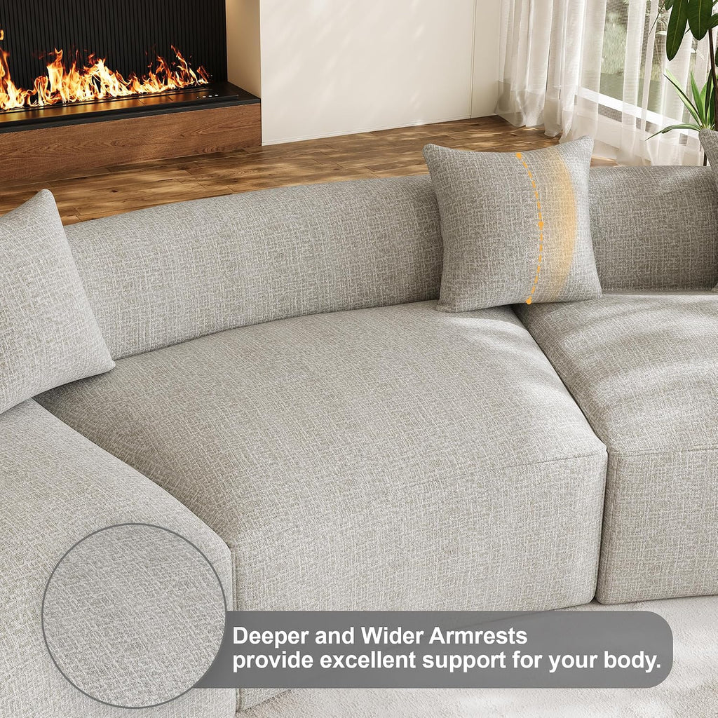 134' Oversized Sectional Sofa for Living Room, Modern Luxury Plush Chenille 4-Seater Extra Deep & Wide Seat Curved Cloud Couch with 5 Throw Pillows, No Assembly Needed, Light Grey