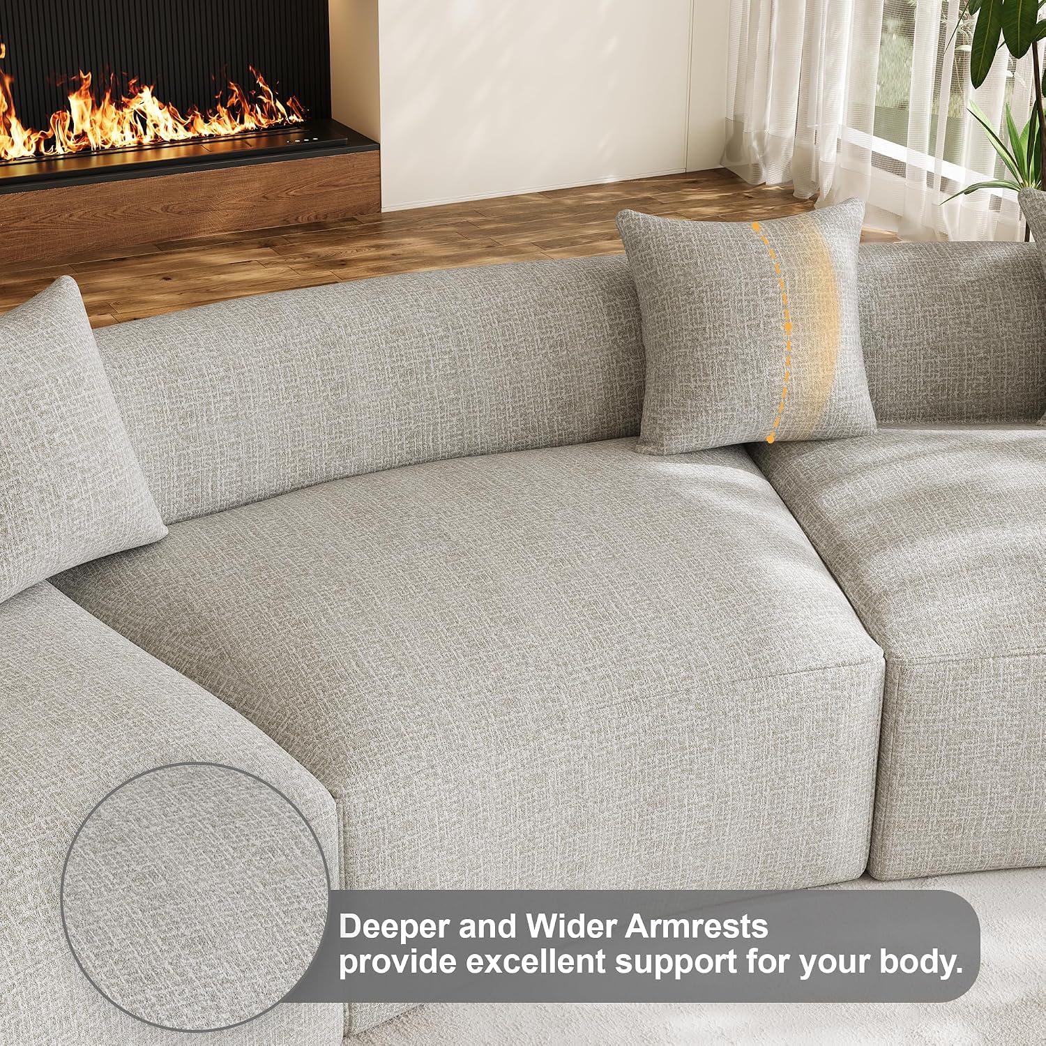 134' Oversized Sectional Sofa for Living Room, Modern Luxury Plush Chenille 4-Seater Extra Deep & Wide Seat Curved Cloud Couch with 5 Throw Pillows, No Assembly Needed, Light Grey
