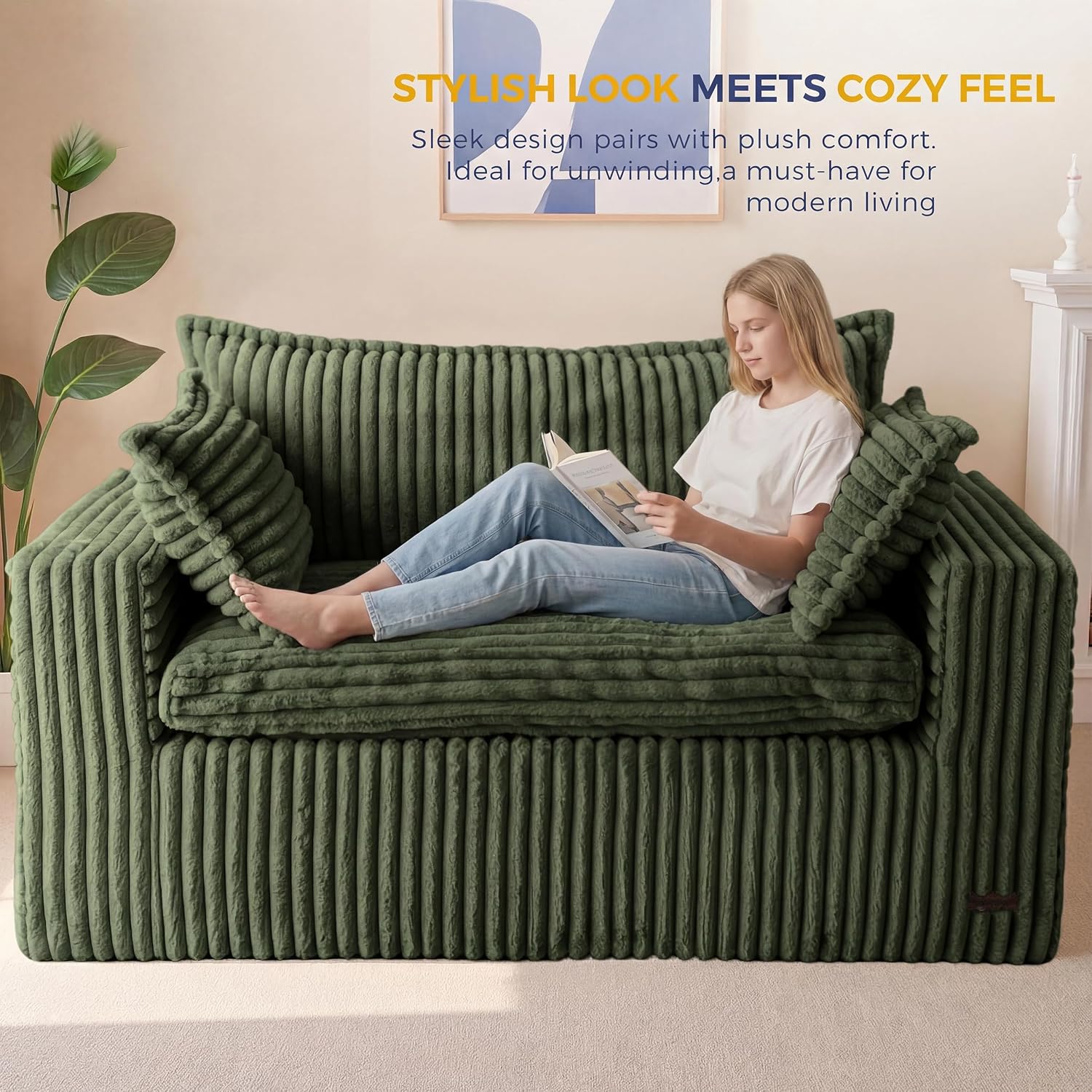 MAXYOYO 59' Bean Bag Sofa Couch, Loveseat Boneless Couch in a Box, Upholstered Small Mini Sofa with Deep Seating for Living Room Bedroom Office Apartment, No Assembly, Dark Green