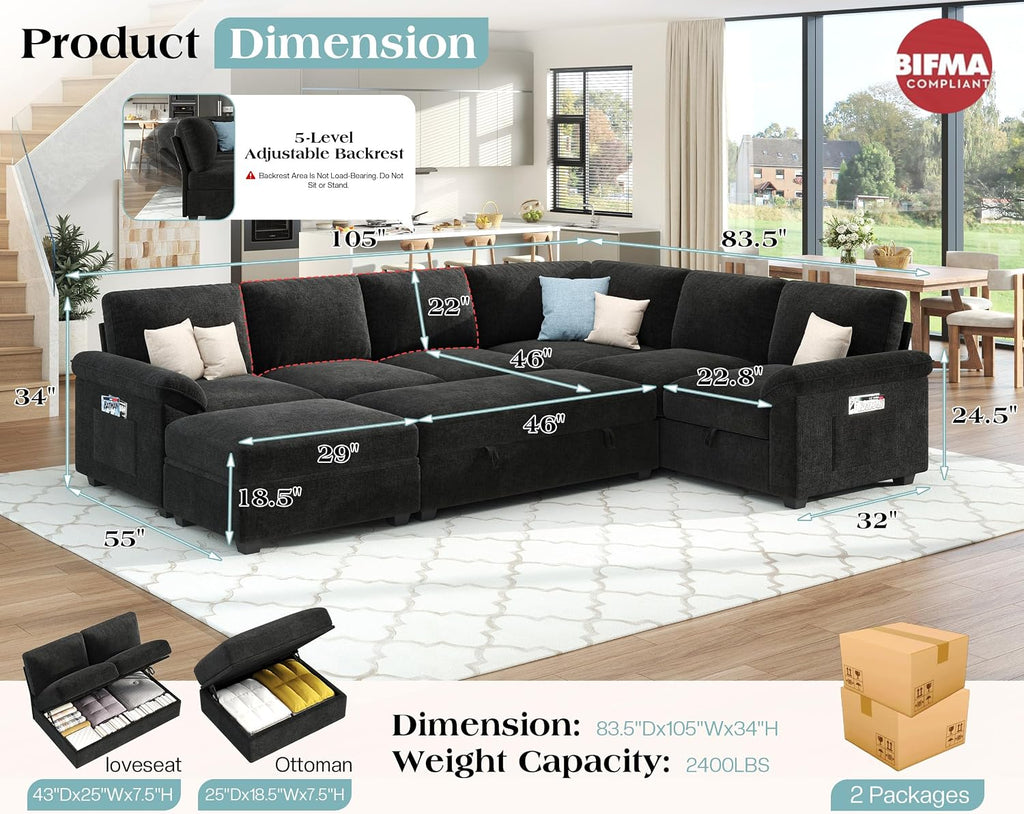 Jocisland 105' Sofa Bed, Sectional Sleeper Sofa with Pull Out Bed/Reclining Backrest, Sleeper Couch Bed with Storage, 6 Seater Couch Bed for Living Room, Chenille Black