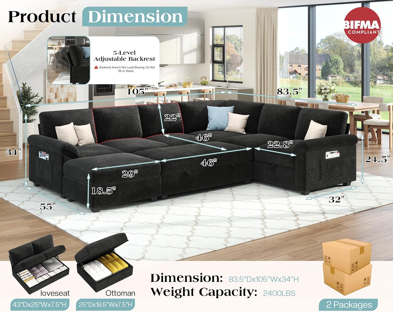 Jocisland 105' Sofa Bed, Sectional Sleeper Sofa with Pull Out Bed/Reclining Backrest, Sleeper Couch Bed with Storage, 6 Seater Couch Bed for Living Room, Chenille Black