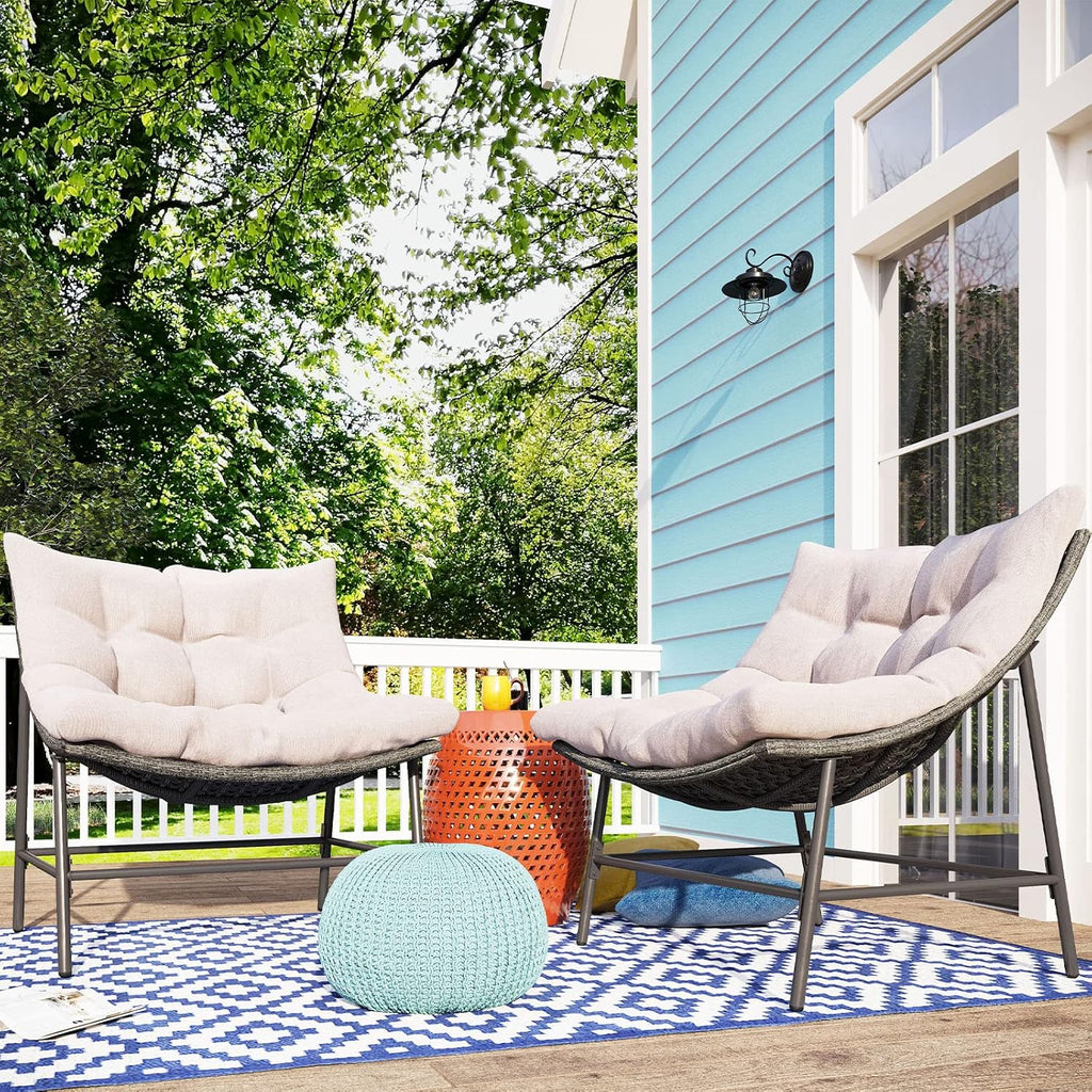 MFSTUDIO Outdoor Scoop Rattan Egg Lounge Chairs Patio Seating for 2, Comfy Outdoor Acapulco Rattan Papasan Patio Wicker Chair Set of 2 with Cushions, Outside Wicker Egg Chairs, 330lbs