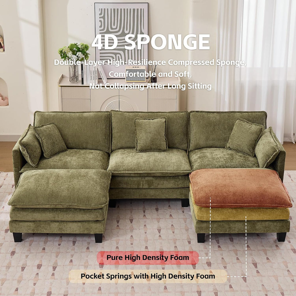 Opiesit Modular Sectional Sofa with Movable Ottoman, 110' 5-Seat Modern Couches for Living Room, Comfy U Shaped Couch Set with Deep Seat for Office and Apartment, Green Chenille Fabric