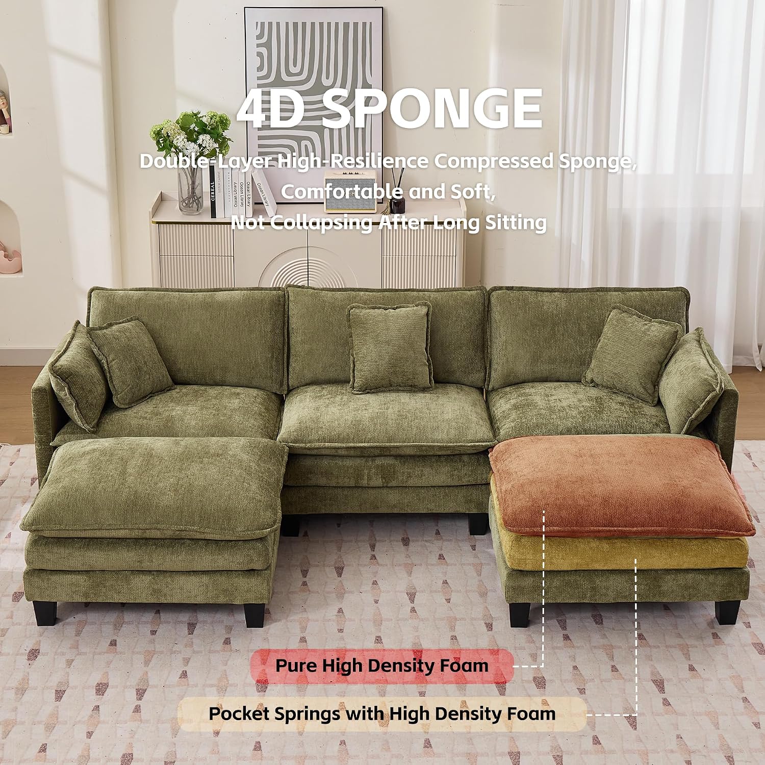 Opiesit Modular Sectional Sofa with Movable Ottoman, 110' 5-Seat Modern Couches for Living Room, Comfy U Shaped Couch Set with Deep Seat for Office and Apartment, Green Chenille Fabric