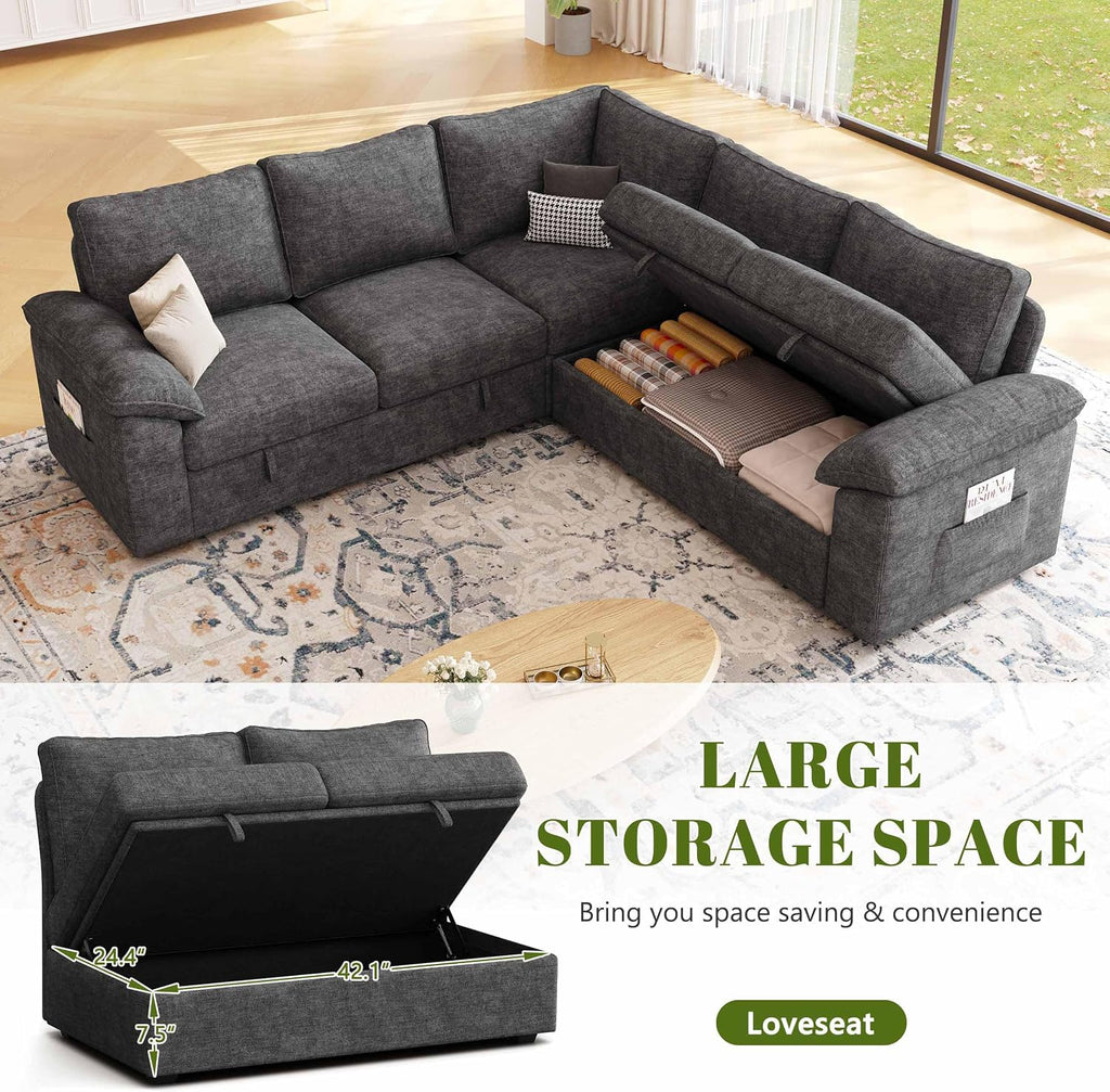 85 Inch Modular Sectional Sofa with Pull Out Bed,L Shaped 5 Seat Sectional Sleeper Sofa with Storage,Sectional Couches for Living Room,Cloud Modular Couch,Removable Sofa Cover, Dark Grey
