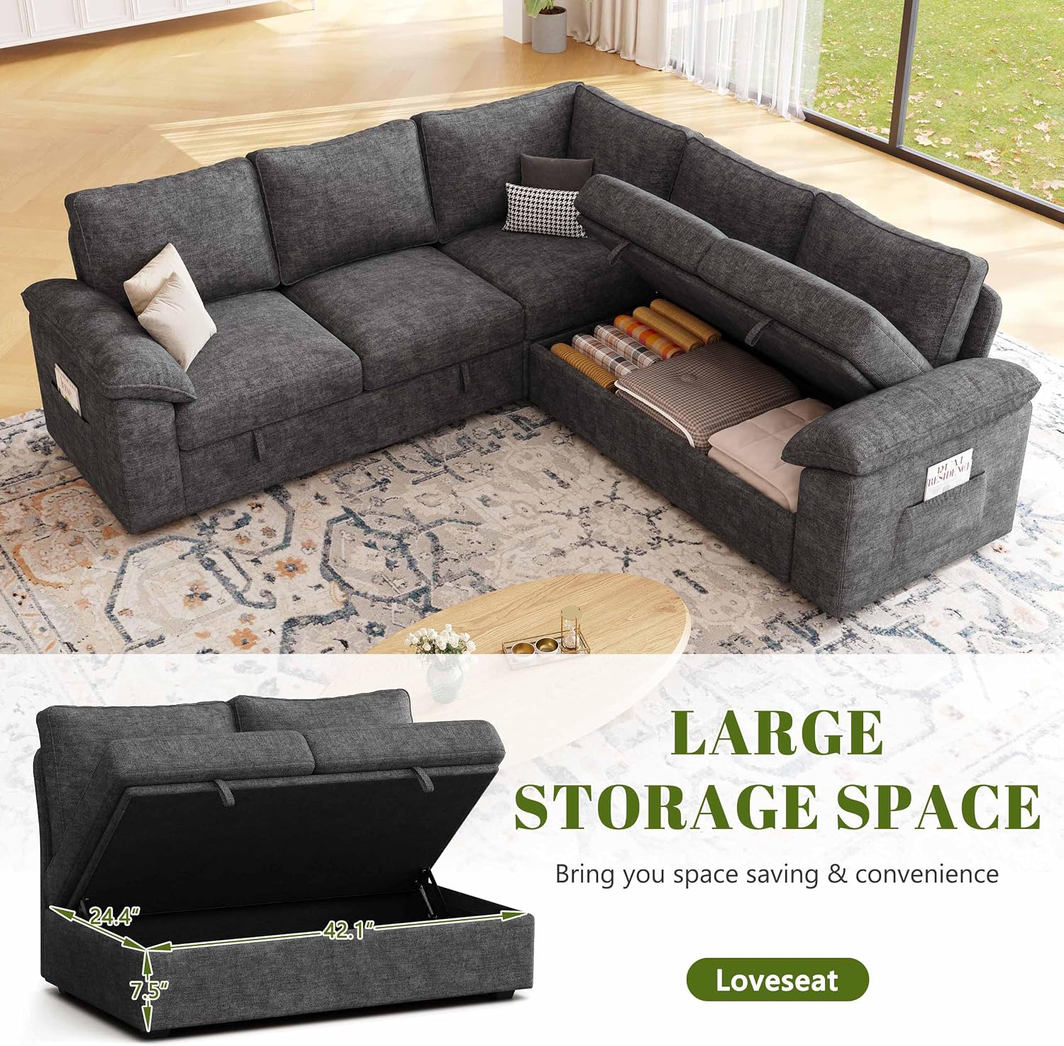 85 Inch Modular Sectional Sofa with Pull Out Bed,L Shaped 5 Seat Sectional Sleeper Sofa with Storage,Sectional Couches for Living Room,Cloud Modular Couch,Removable Sofa Cover, Dark Grey
