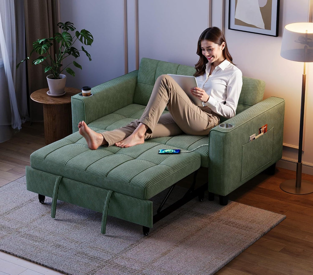LINSY 54' Pull Out Couch with Charging Station - Sleeper Sofa Bed with Cup Holder, Small 3 in 1 Convertible Loveseat Sleeper Couch for Apartment, Dorm Room, Bedroom and Small Space, Olive Green