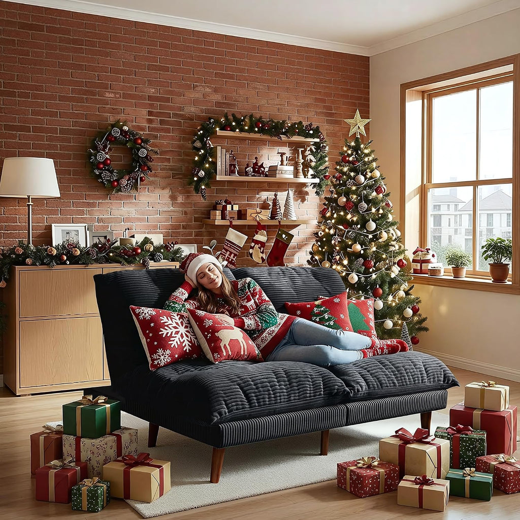 DreamDashio Futon Sofa Bed, 69 inch Futon Couch with Adjustable Backrest, Corduroy Convertible Sleeper Sofa Bed, Folding Sleeper Recliner for Apartment, Living Room, Office, Grey