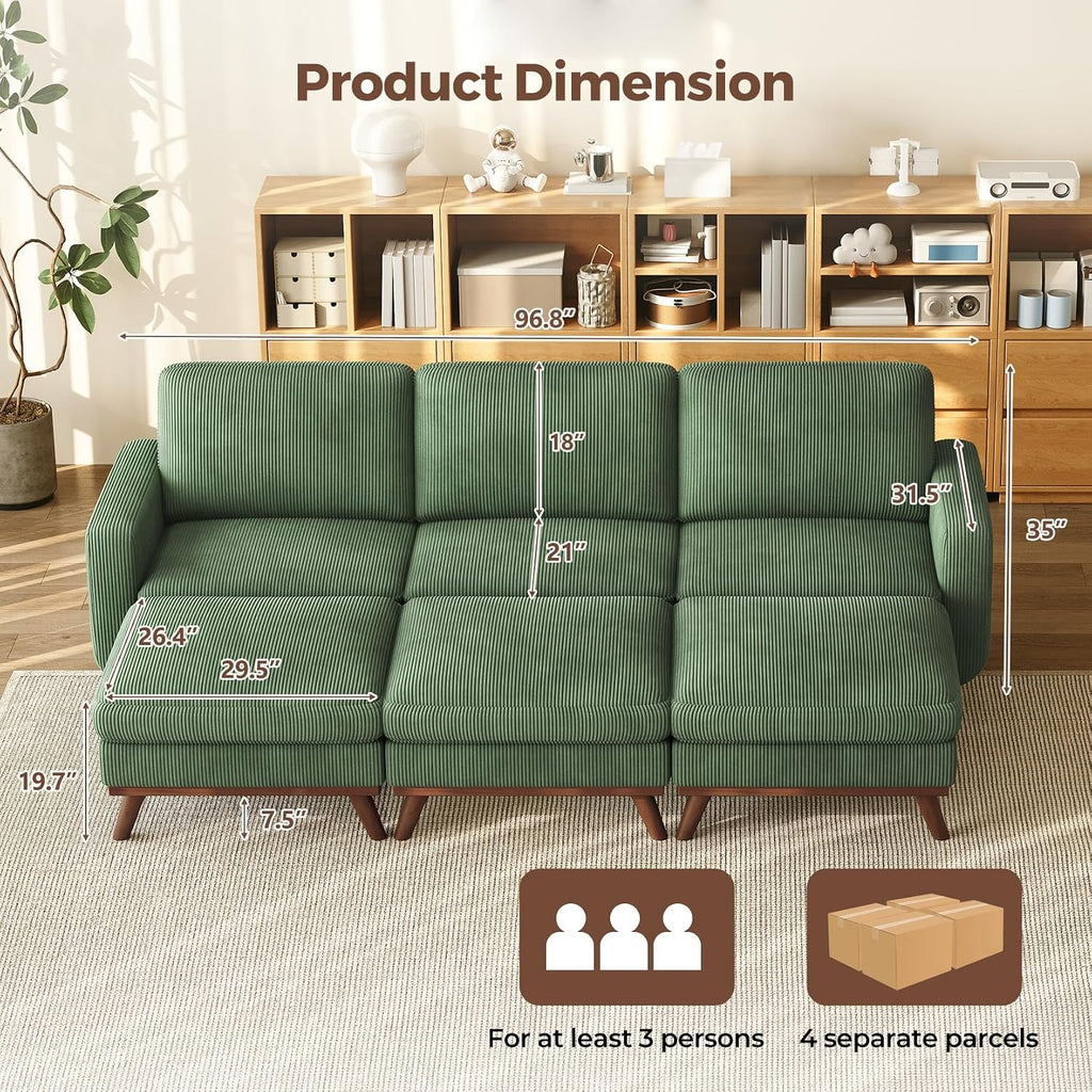 Vesgantti 97' Modular Sectional Sofa Green, Sectional Couch with Movable Ottoman, Comfy Corduroy Couch with Spring Cushion, Modular Sofa with Deep Seat for Living Room, Bedroom and Apartment